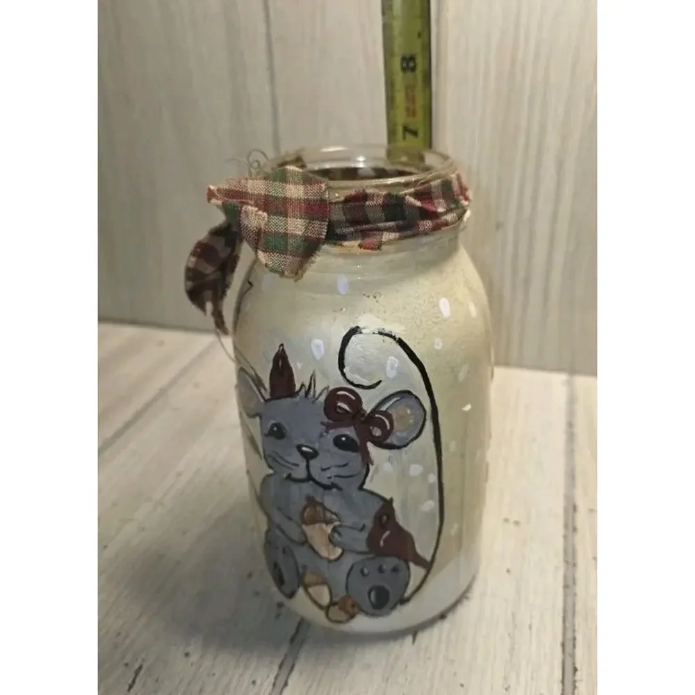 Vintage Handpainted Country Holiday Mouse On Mason Jar Primitive Farmhouse